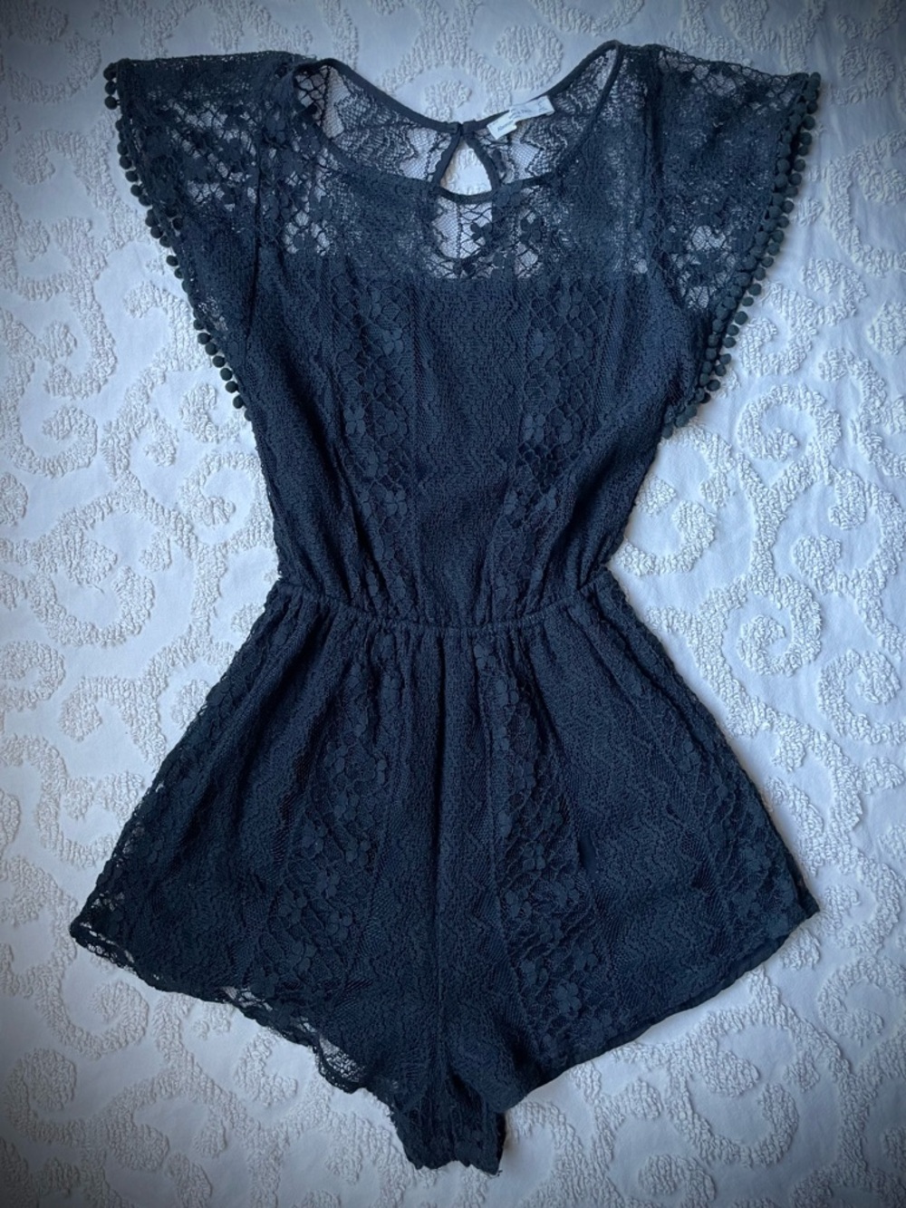 Black Lace Pom Pom rum Romper small - Picture 1 of 8